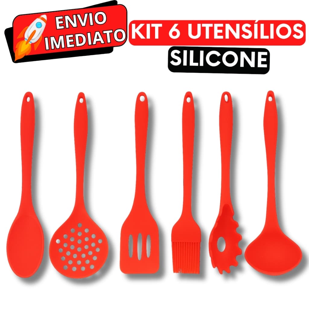 KIT Jogo 6 Utensílios de Cozinha Silicone Super Resistente Colher Concha Escumadeira Espátula Pegador de Massa Pincel