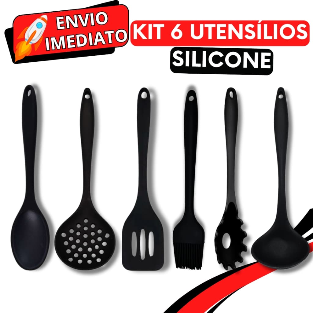 KIT Jogo 6 Utensílios de Cozinha Silicone Resistente Colher Concha Escumadeira Espátula Pegador de Massa Pincel