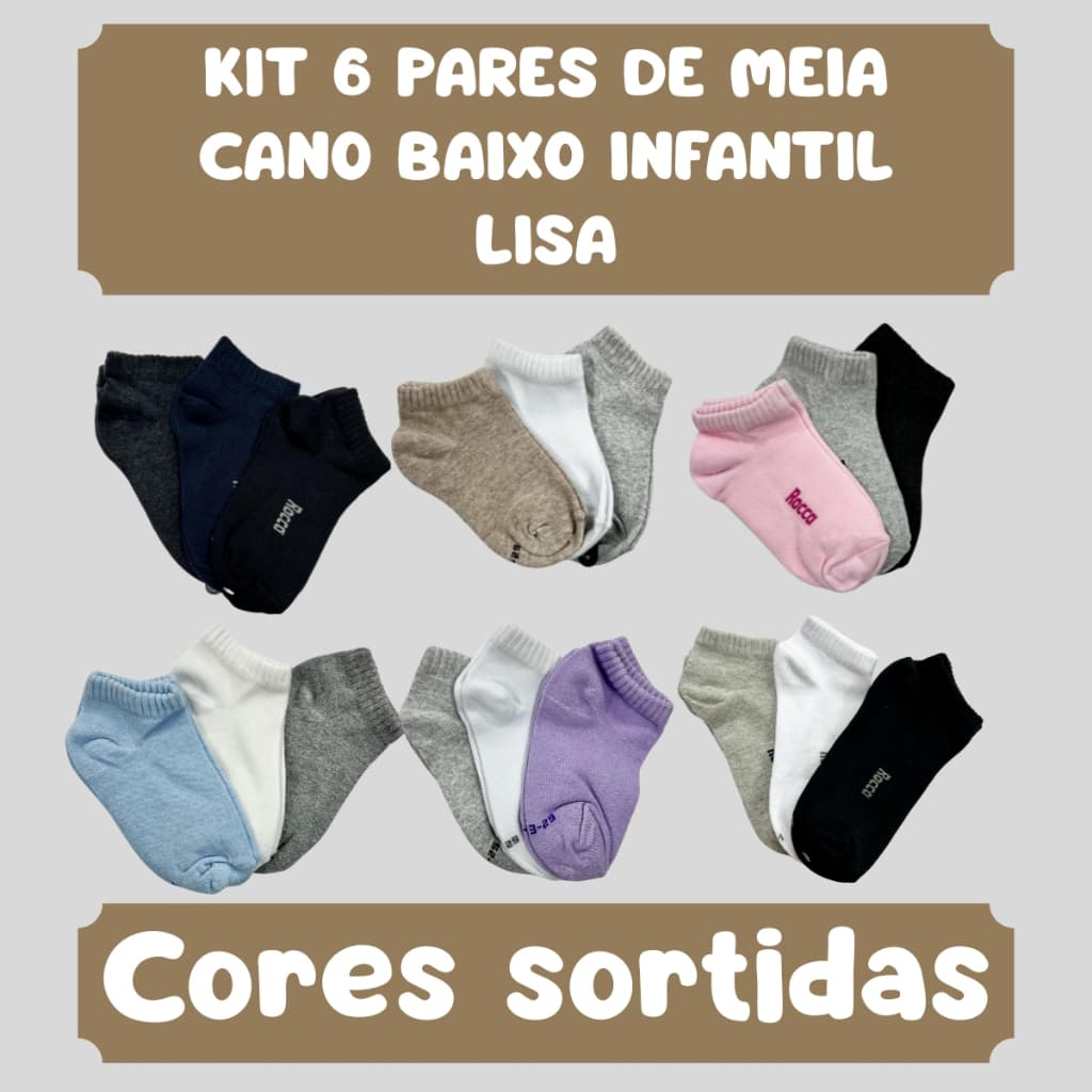 Kit 6 Meias Infantis Cano Baixo Confortáveis Rotina Escolar KIT85-K6