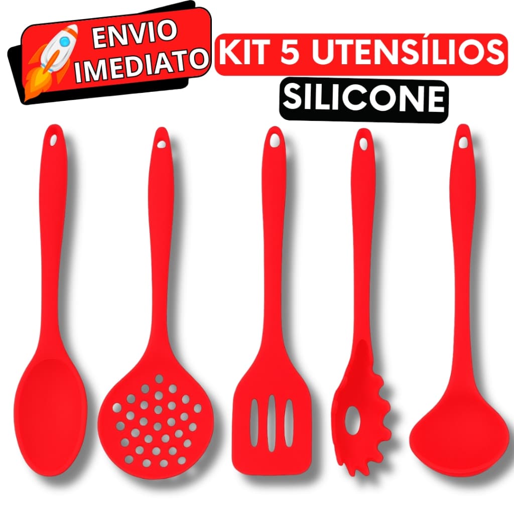 KIT Jogo 5 Utensílios de Cozinha Silicone Super Resistente Colher Concha Escumadeira Espátula Pegador de Massa Não Risca