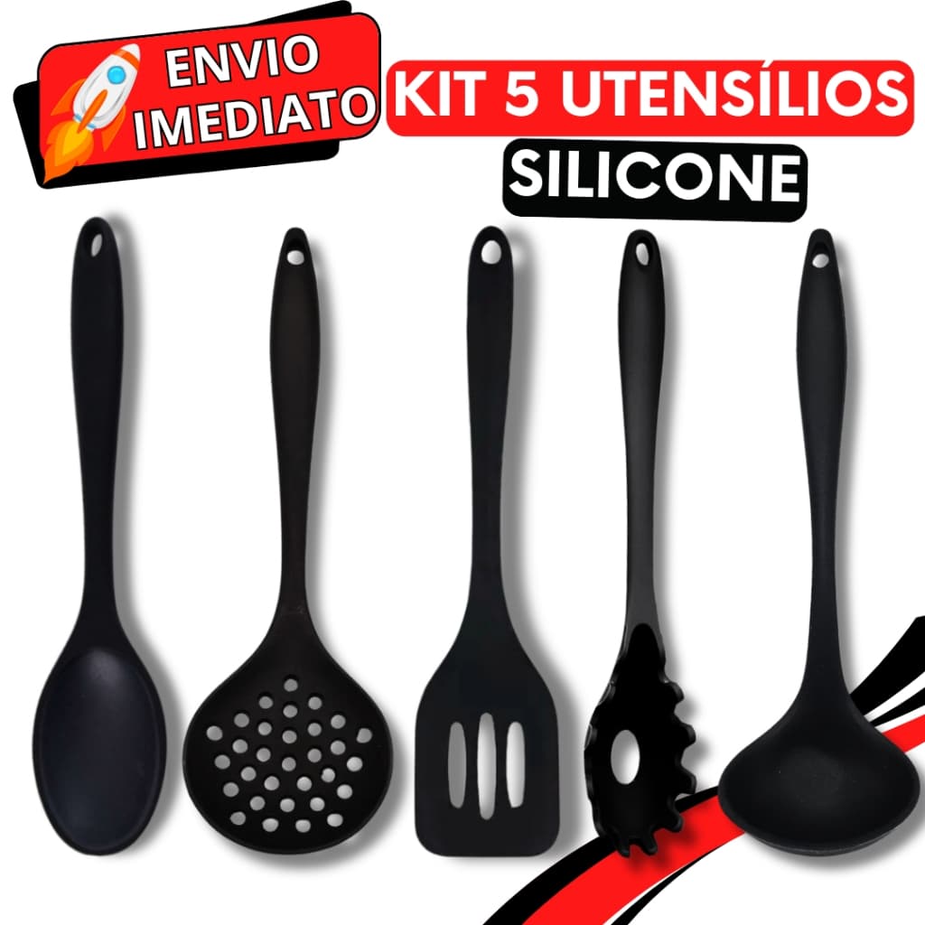 KIT 1/5 Unidades Utensílios de Cozinha Silicone Resistente Colher Concha Escumadeira Espátula Pegador de Massa Não Risca