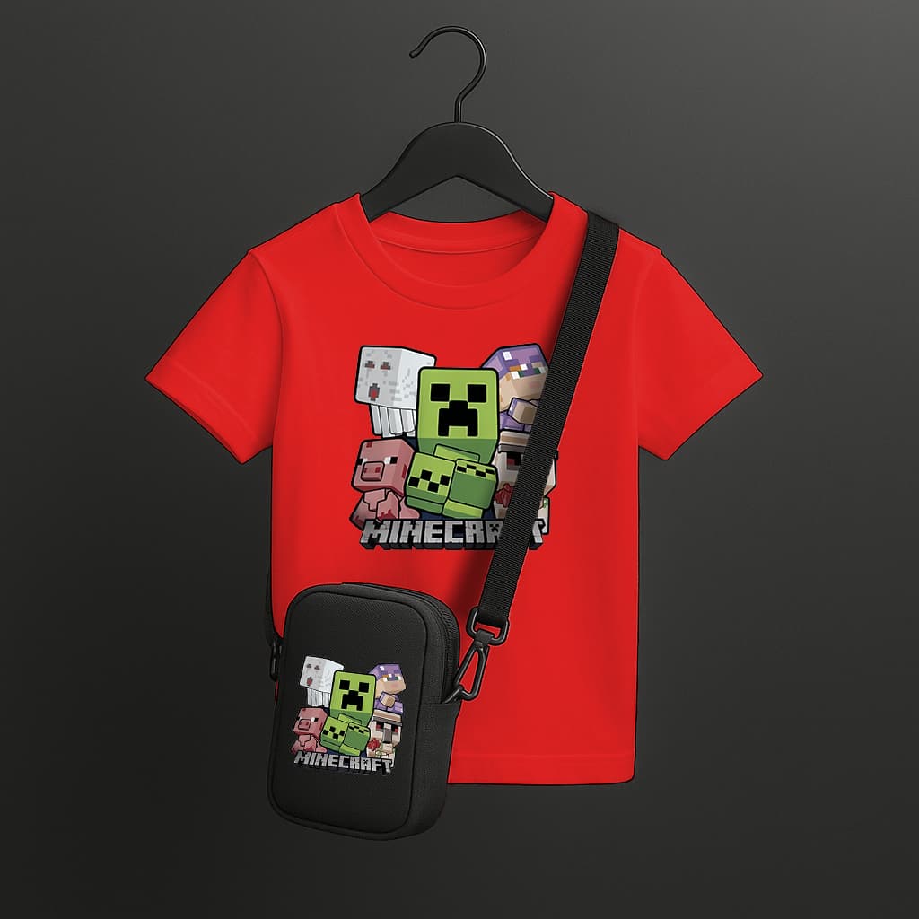 Kit Minecraft Infantil com Camiseta Gamer e Bolsa Tiracolo Estampada do Jogo