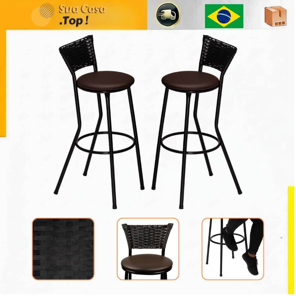 Kit 2 Banqueta Americana Alta Flex Junco Preto Bar Bistro Fibra Sintetica
