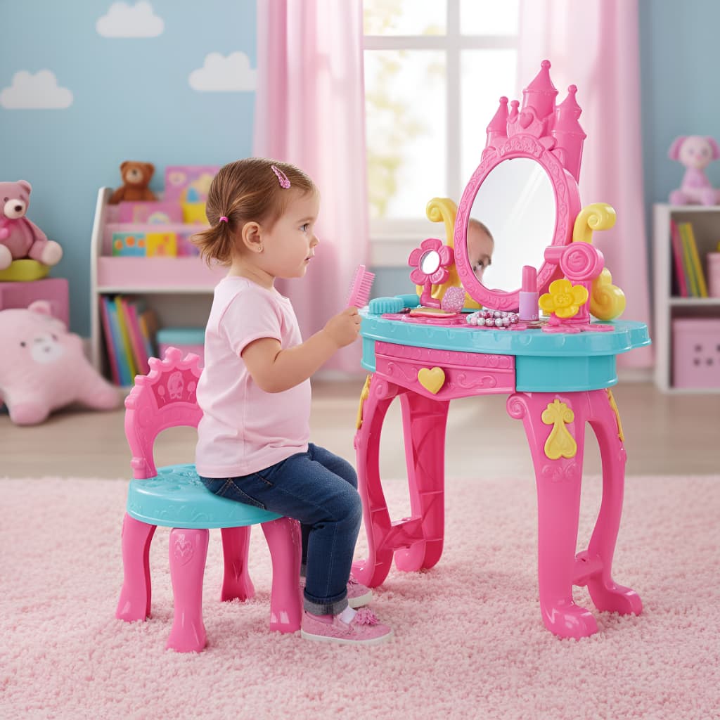 Brinquedo Penteadeira Princesas Infantil com Banquinho e Acessórios