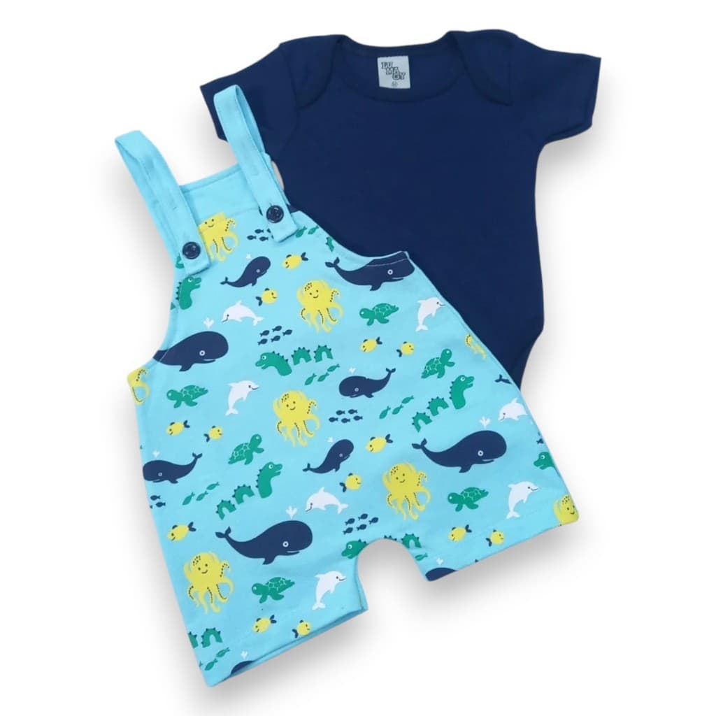 Conjunto Jardineira estampada 2 peças Manga Curta verão Menino. Body e Jardineira Bebê Infantil