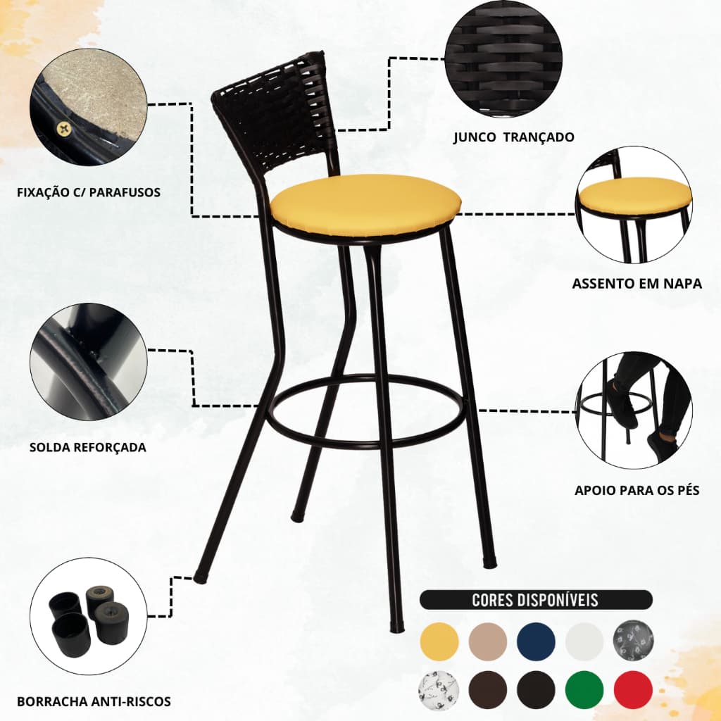 Banqueta Alta Juncada Encosto Removível Flex Aço  Cozinha Área Gourmet Lanchonete Bar Balcão Bancada