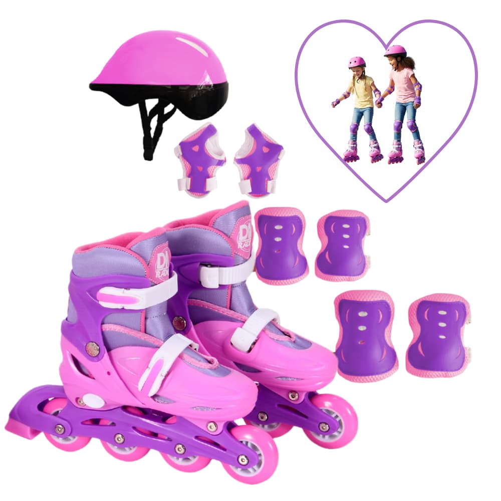 Patins Inline Ajustável Radical Rosa Infantil Menina - Tam M 34 ao 37 - 7 Peças