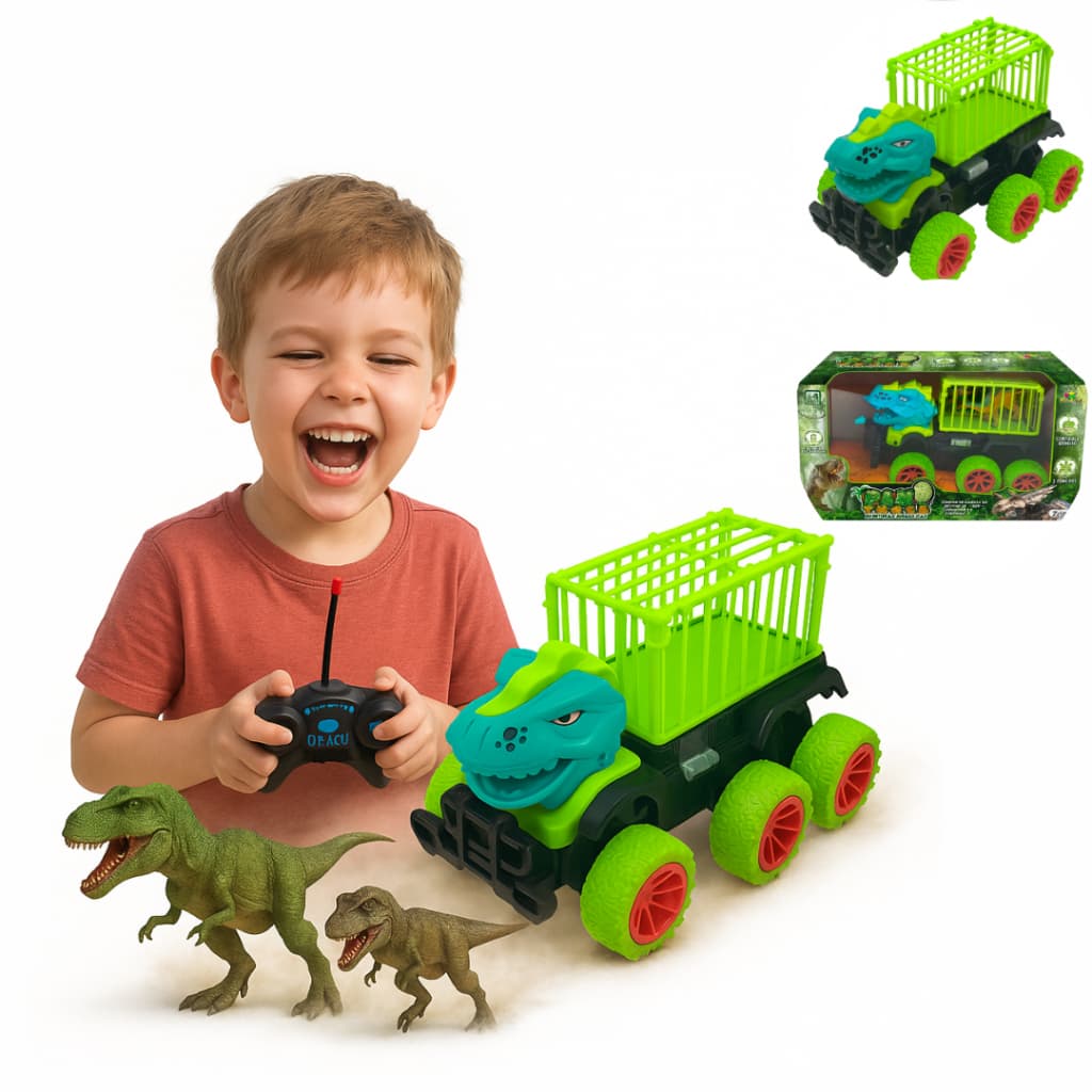 Carrinho de Controle Remoto Dinossauro/dino com Gaiola 7 funcoes com bateria recarregavel para dia das crianças