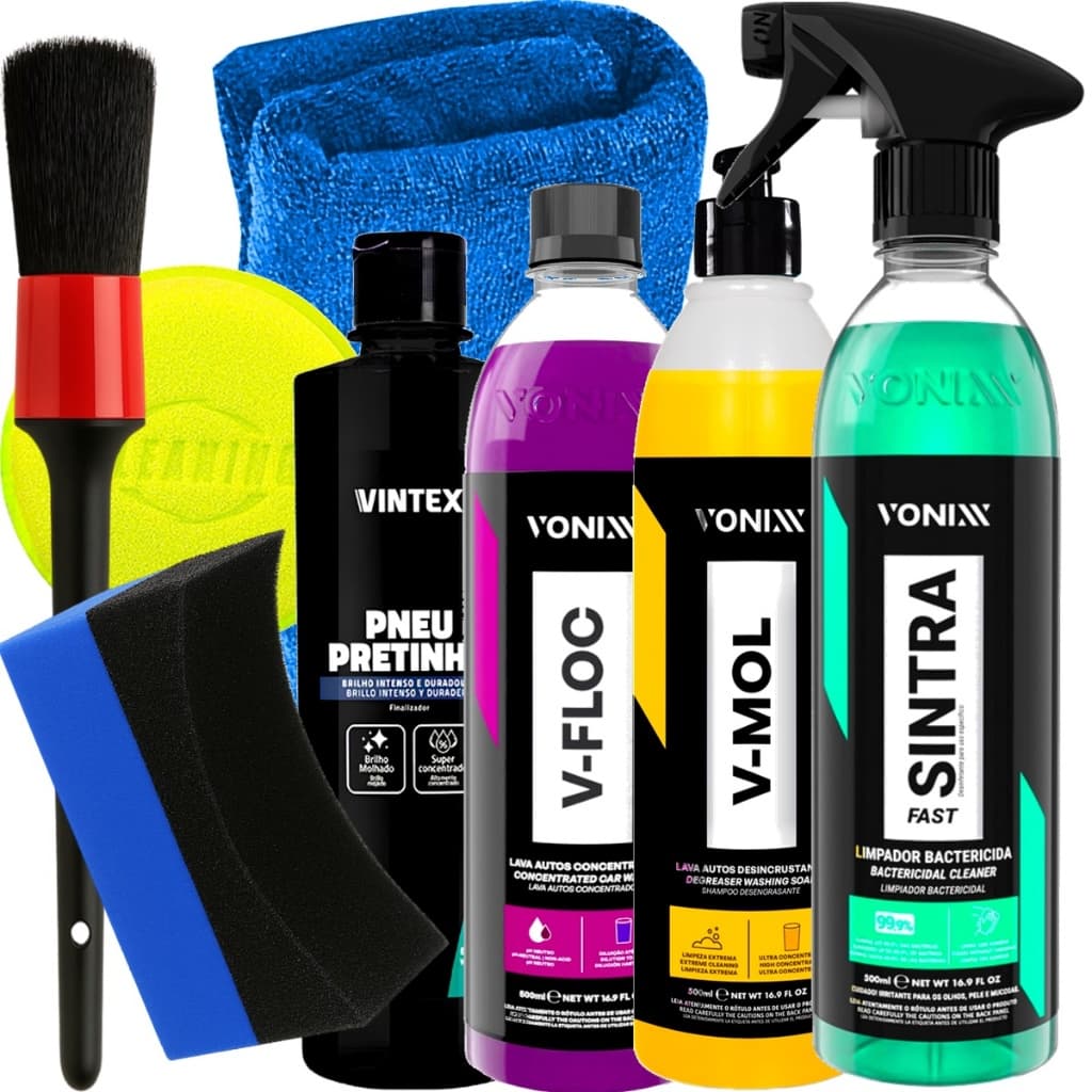 Kit Vonixx Completo Limpeza Automotiva Shampoo V-Floc V-Mol Pretinho Limpador APC Multiuso Sintra Acessórios Karbox