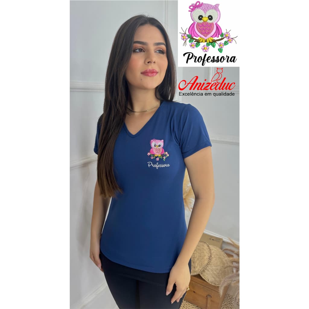 Camiseta Feminina Professora Bordado Coruja Baby look Uniforme Confortável Escolar