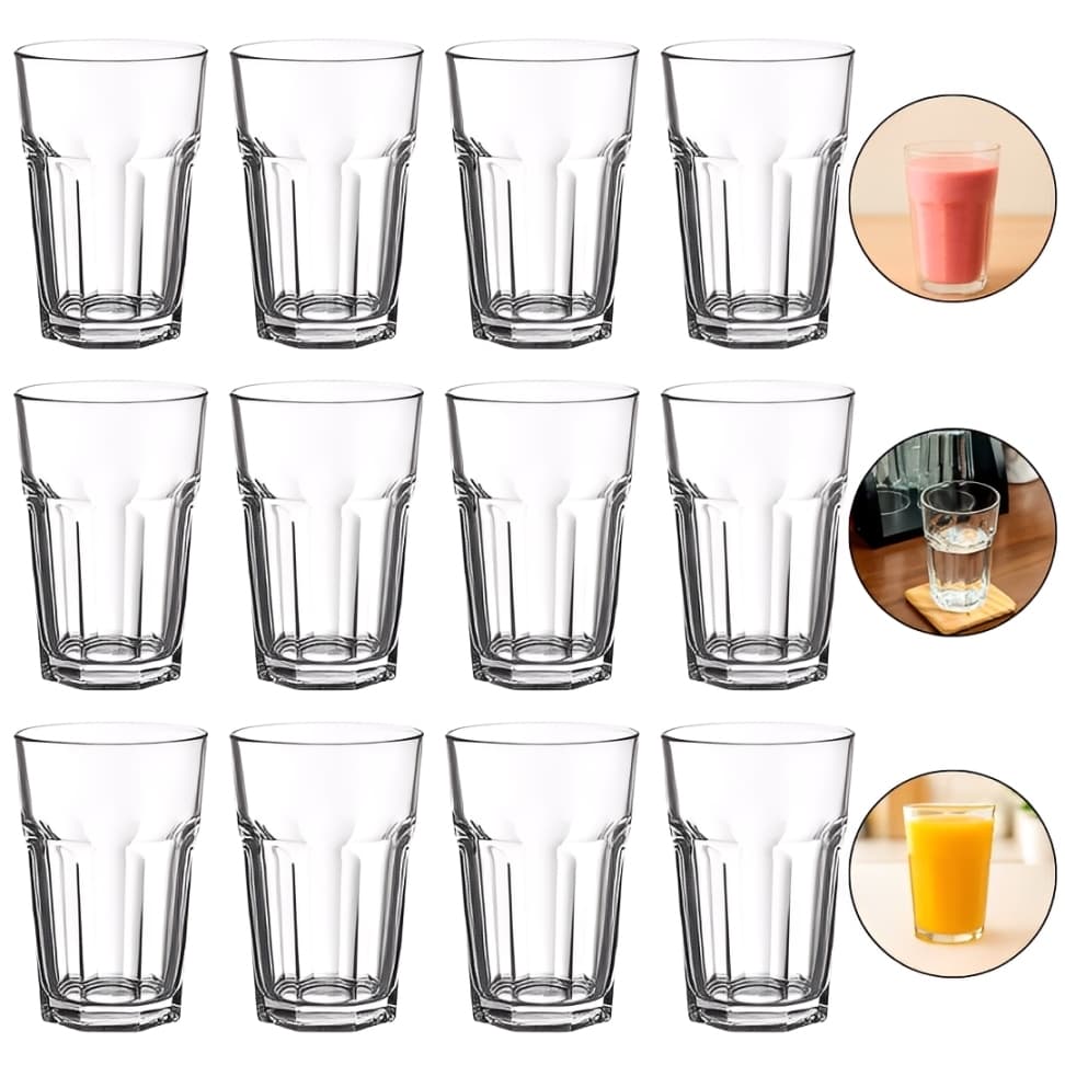 Kit 12 Copo De Vidro 360ml Transparente Copo Resistente Para Água Suco Refrigerante Bebidas e Drinks