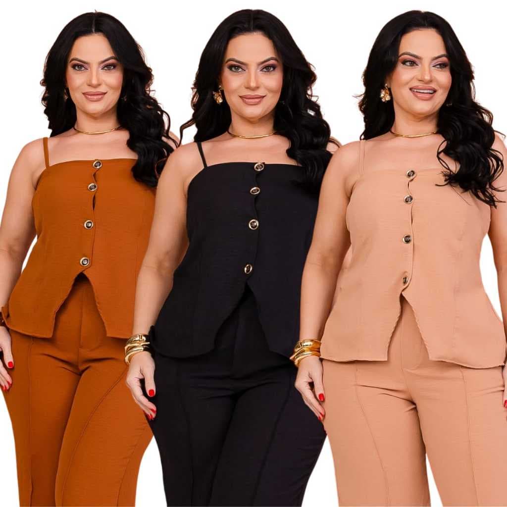 Conjunto Modelo Alfaiataria Calça Pantalona e Blusa Alça Ajustável Botões na Frente Elástico nas Costas