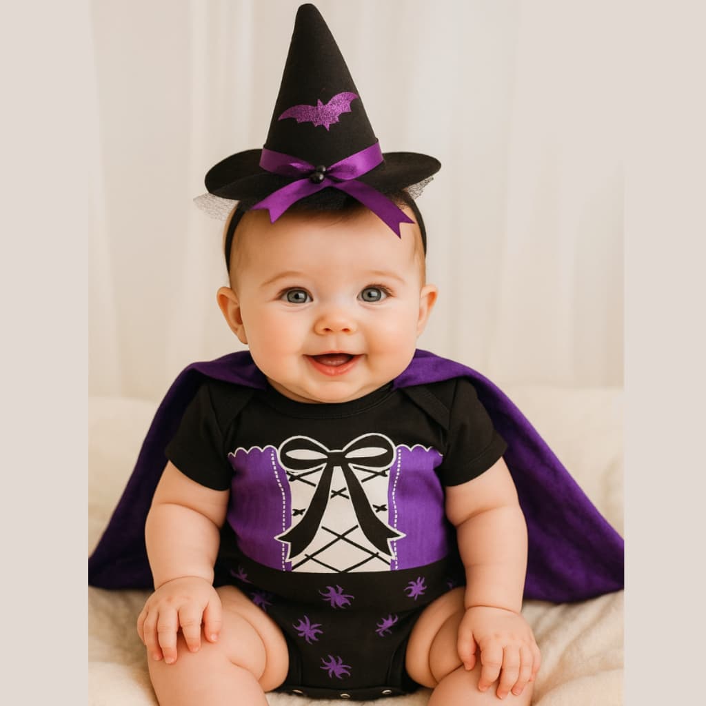 Kit Body Capa Chapéu Bruxa Halloween Bruxinha Aranha Morcego Mêsvesário Bebe Infantil