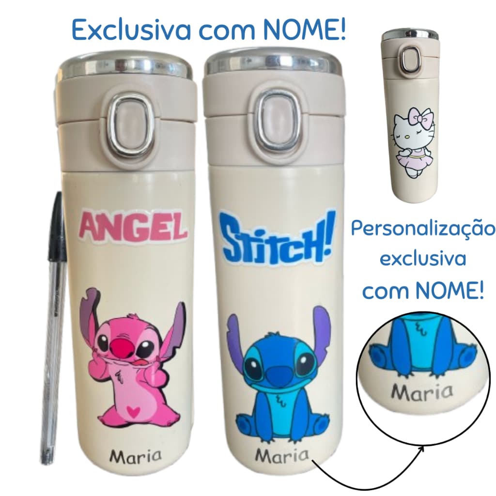 Garrafa Térmica Personalizada com NOME STITCH HELO KITTY trava de segurança medidor térmico Inox infantil adulto Escolar