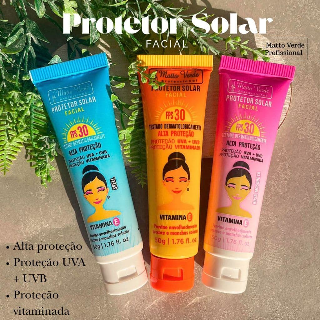 Matto Verde kit com 2 Protetor Solar Facial fps 30 Vitamina E Rosa Mosqueta  Ácido Hialurônico 50g