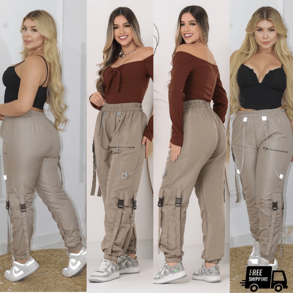 CALÇA CARGO JOGGER BEGE COM CORRENTES EM MATERIAL LIGERO E FINO UNISSEX P M G