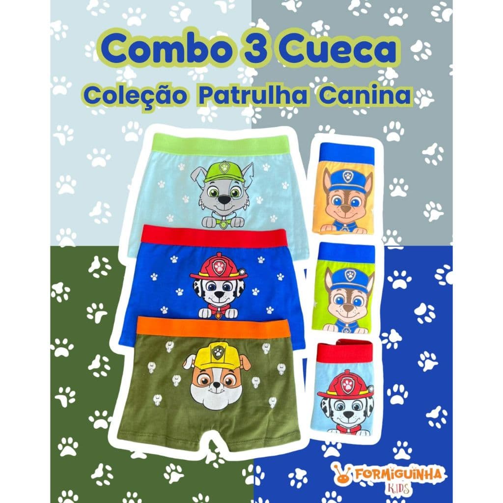 Kit 3 Cuecas Boxer Infantil Menino Personagens Sortidas | Algodão Cotton Premium Antialérgico Confortável