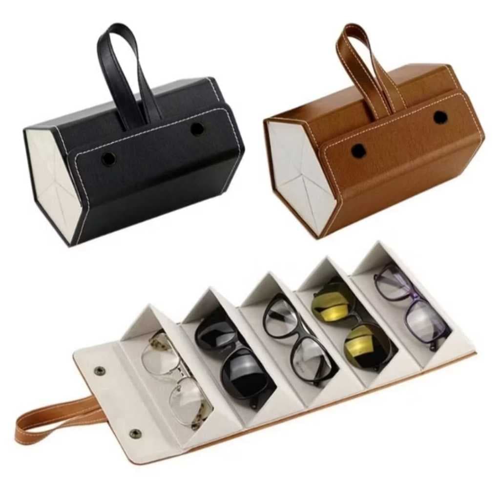 Estojo Porta Óculos Case Organizador Portátil Viagem Divisórias 5 Dobrável Couro