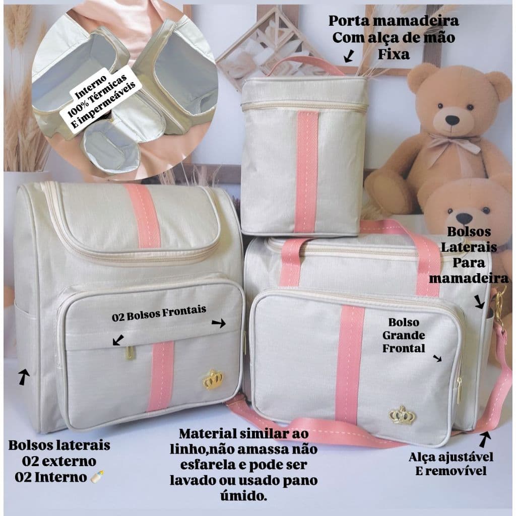 Silver Clarity Rosa Bolsas Maternidade impermeáveis Mochila, Mala Saída e  Porta Mamadeira