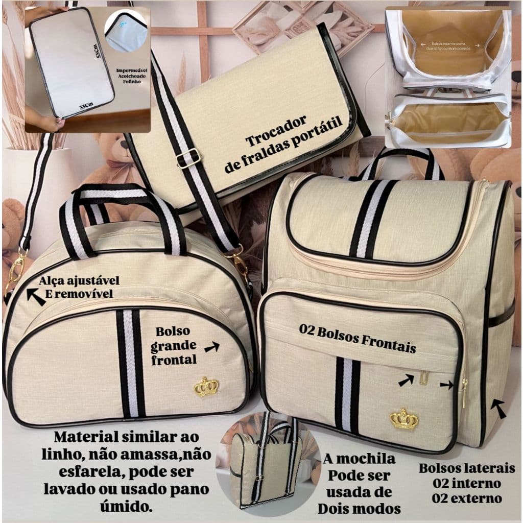 Kit Essencial Clean Preto Maternidade Mochila Bolsa e Trocador