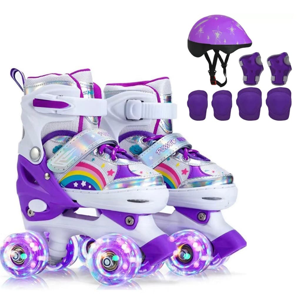 Patins Quad Infantil De 4 Rodas Freios Ajustavel Com LED Roxo arco-iris Meninas Com Protecao