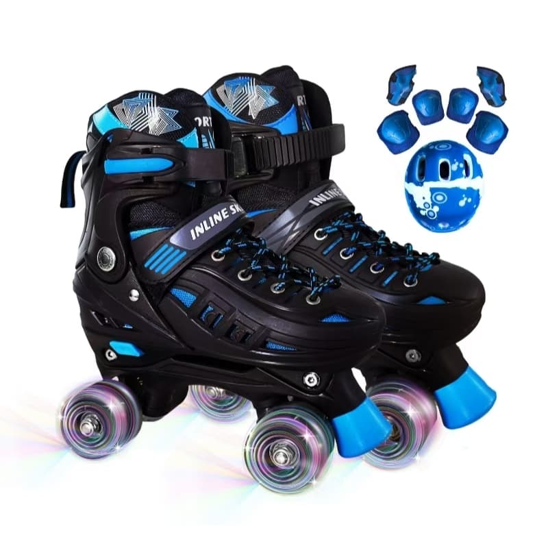 Patins 4 Rodas Infantil Meninos Preto Com LED + Protecao Dias Dos Criancas