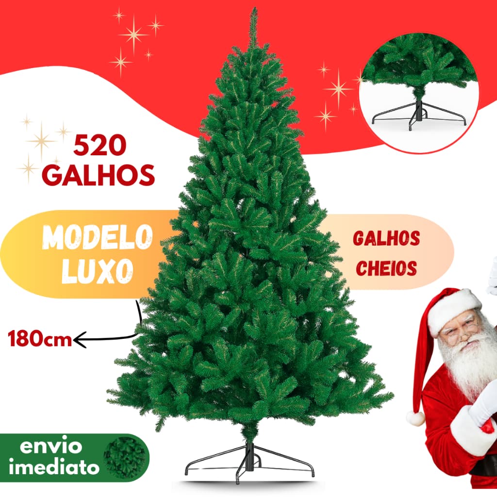 Arvore de Natal Pinheiro Tradicional 1,8m 520 Galhos Ajustável Hastes Flexíveis Decoração de Natal