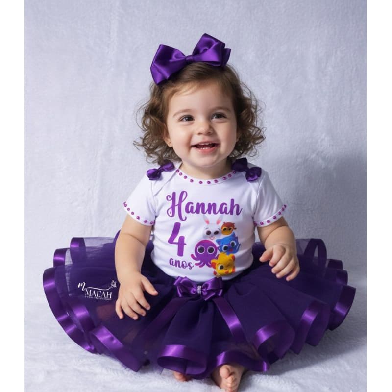 Fantasia Bolofofos  Roxo Infantil  RN a 4 anos Body Personalizado Saia de Tutu e Laço de Cabelo