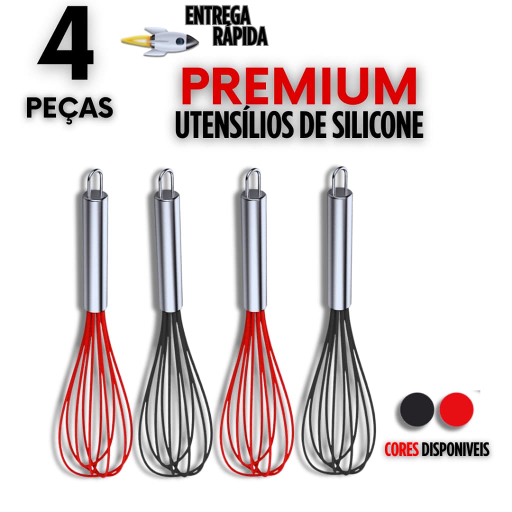 Kit 4 Fuê Batedor de Claras Silicone Vermelho ou Preto Durável Ergônomico Antiaderente Não Risca