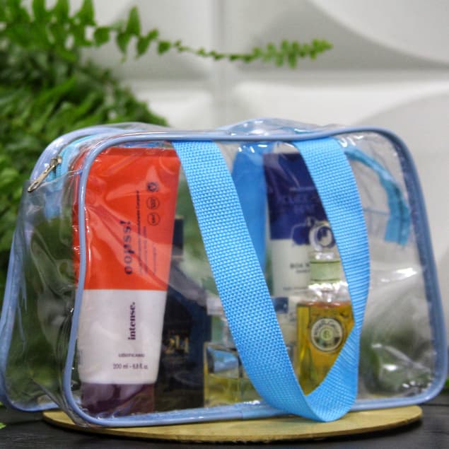 Necessaire Transparente Organizadora Grande Com alça| Linda Azul BB , Modelo Grande