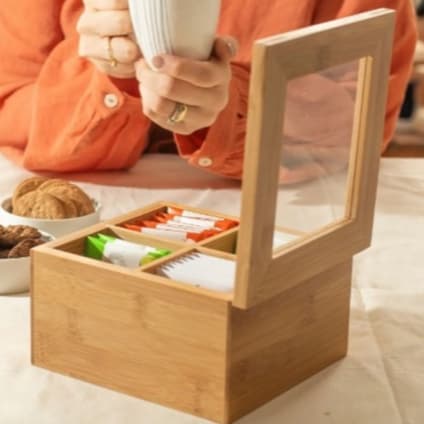 Caixa Porta Chá Organizadora Para Chá Sense C/ 4 Divisórias Bambu Com Visor Cozinha Casa - Ou