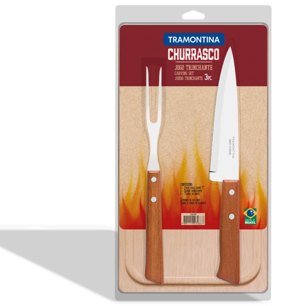 Jogo para churrasco tramontina laminas em aço inox com cabo de madeira 3 peças