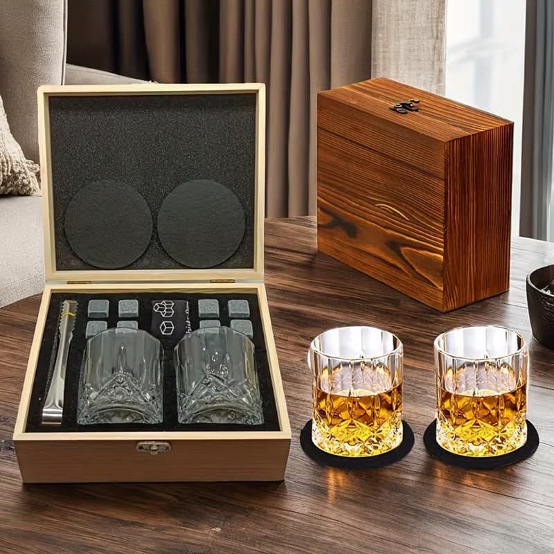Conjunto de Copos de Whisky, Cubo De Gelo Granito Com Copo De Vidro Para Uísque Em Caixa De Madeira