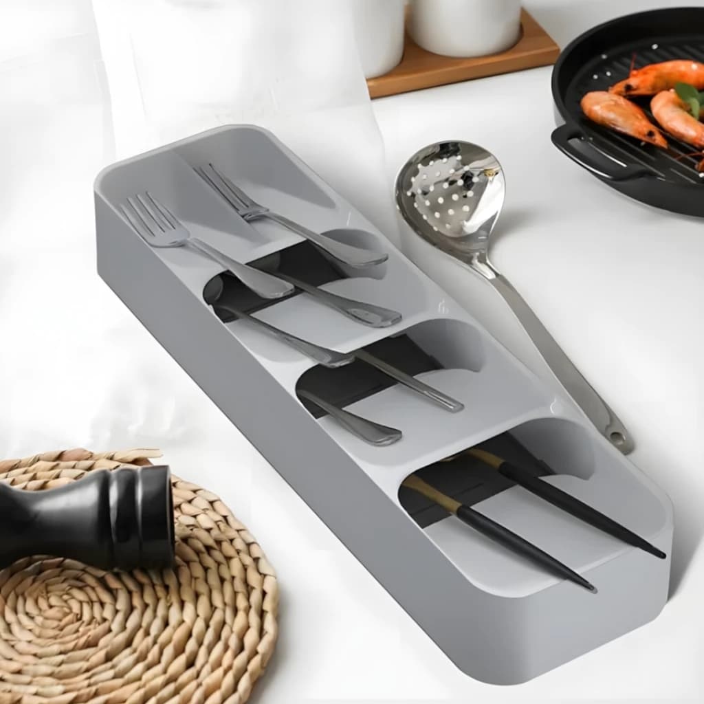 Organizador Porta Talheres Cinza Gavetas Cozinha Faca Colher Suporte Compartimentos Armário Prático