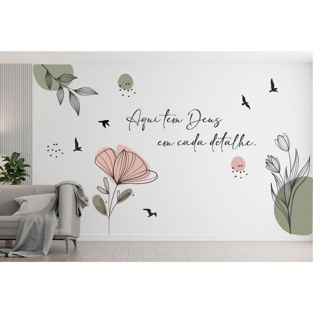 Papel de Parede Frase Religiosa Aqui Tem Deus Boho Floral Moderno Sala Quarto Decorativo BF79