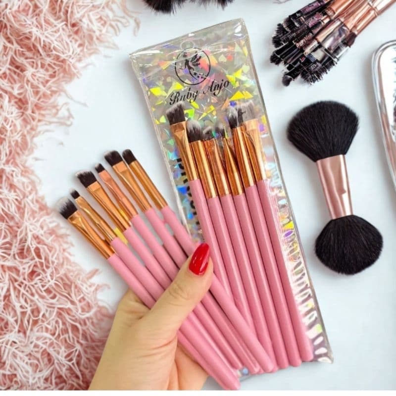 Kit C/6 Pincel Sombra Maquiagem Profissional  Cor Rosa