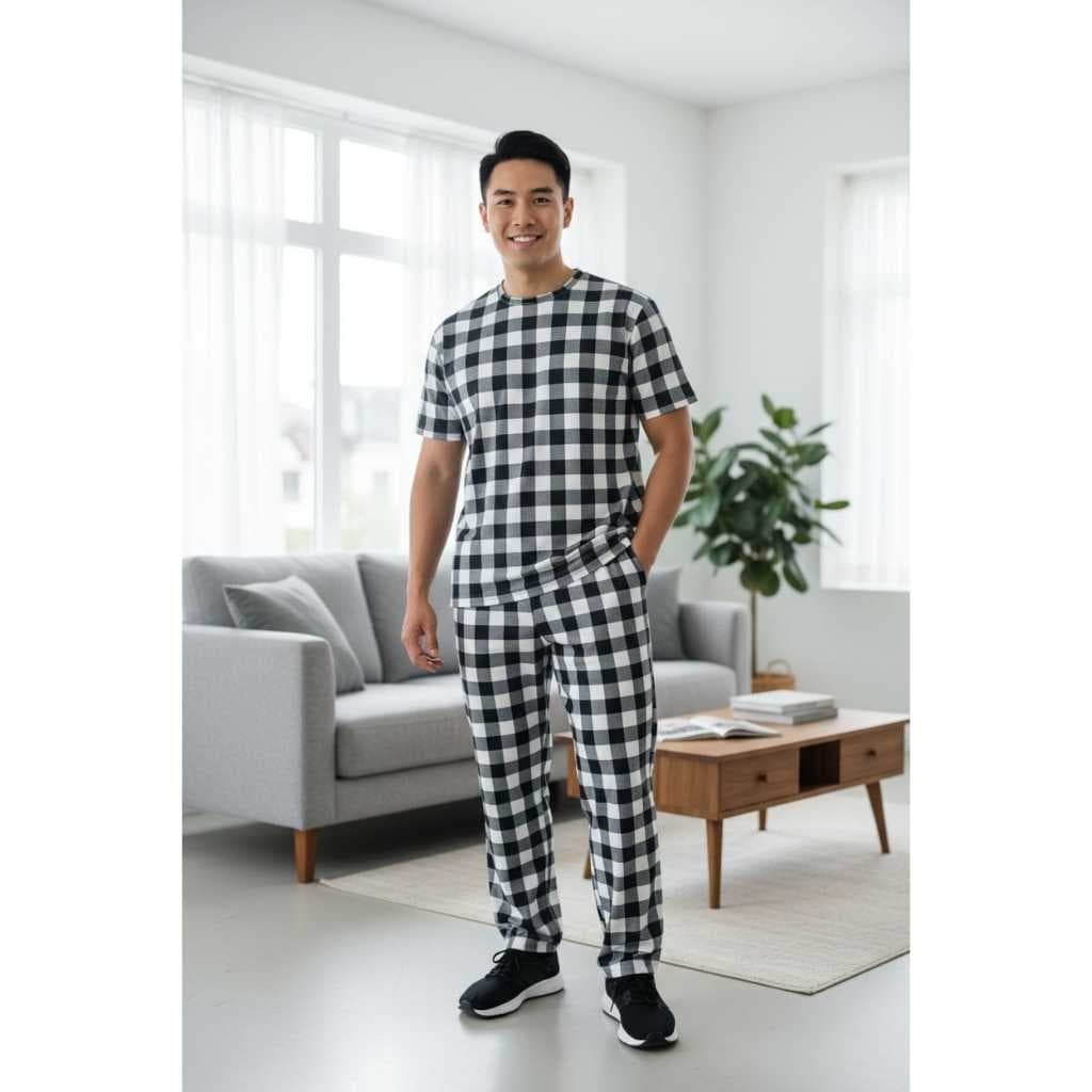 Conjunto Canelado Masculina Xadrez Preto/Branco Calca e Regata De Verao