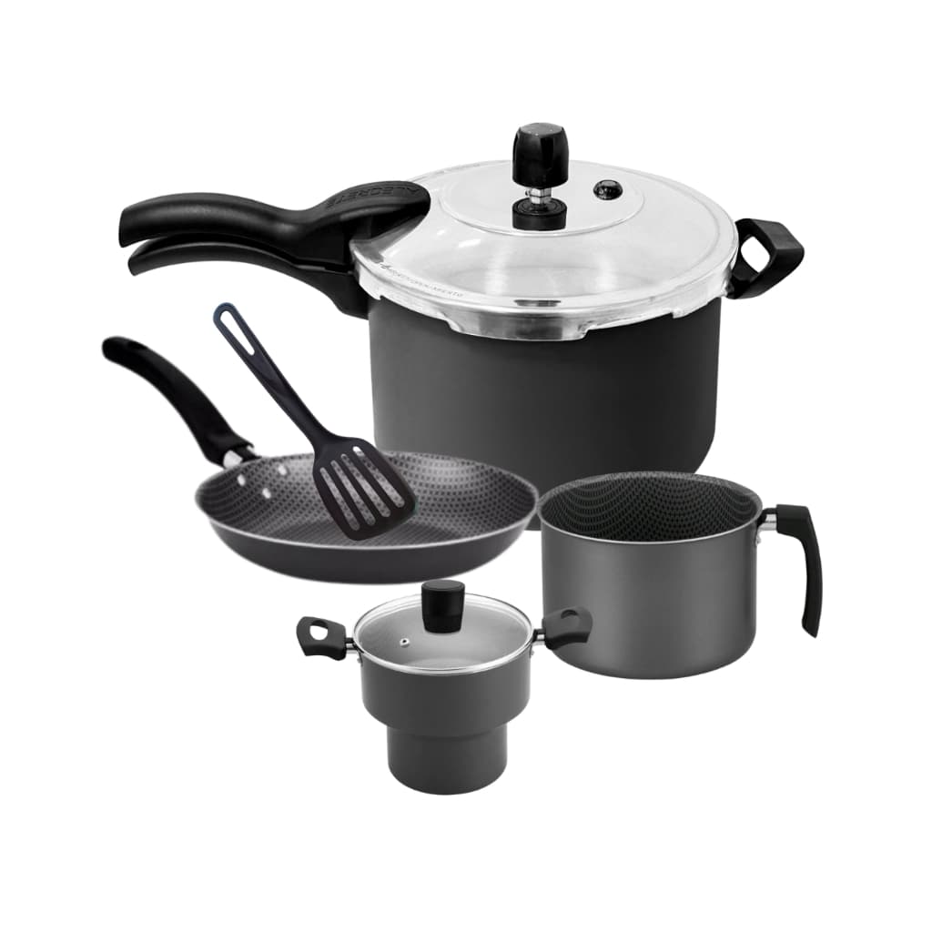 Panela de Pressão + Frigideira + Fervedor + Cuscuzeira + Espátula Antiaderentes