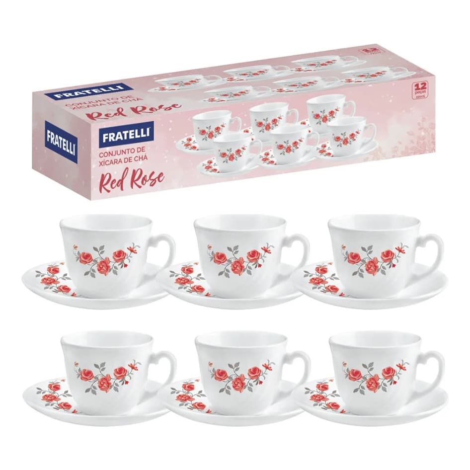 Jogo 6 Xicaras com Pires Porcelana Fratelli Decorado 220ml Red Rose Sofisticado