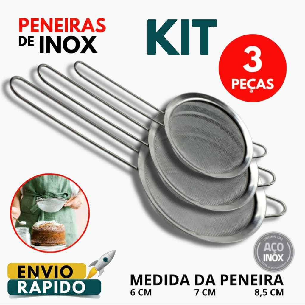 Kit Jogo 3 Peneiras Coar Manual Aço Inox Utensílio De Cozinha Polvilhar Açúcar Farinha 6cm 7cm 8,5cm
