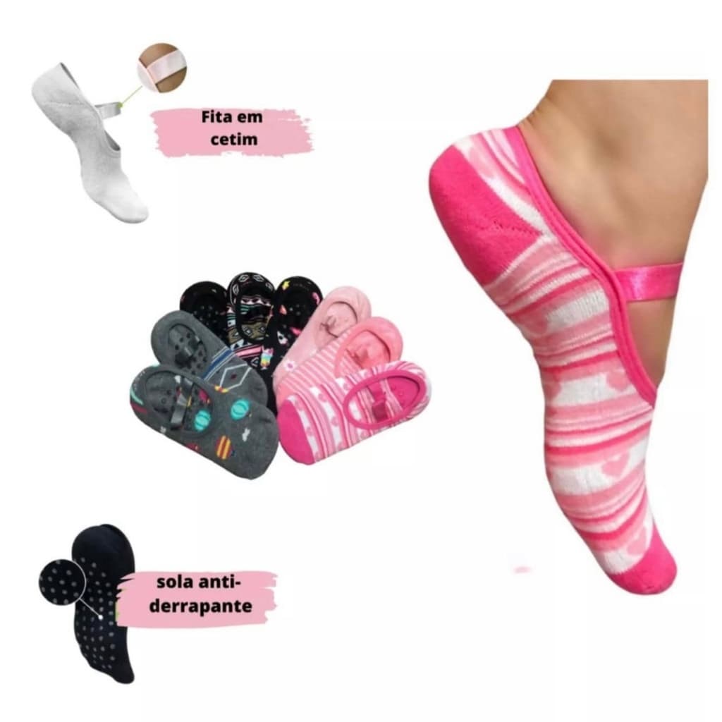 Kit 12 PARES Meia Sapatilha Antiderrapante Pilates YOGA Feminina Estampada/Lisa