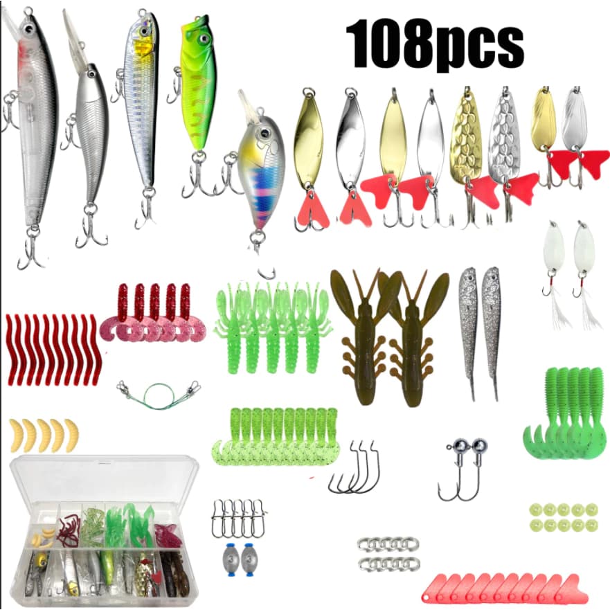 108 Pçs/Set Clássico Isca Artificial De Água Doce Lantejoulas De Água Do Mar Isca Macia Ray Sapo Minnow Isca Kit De Pesc