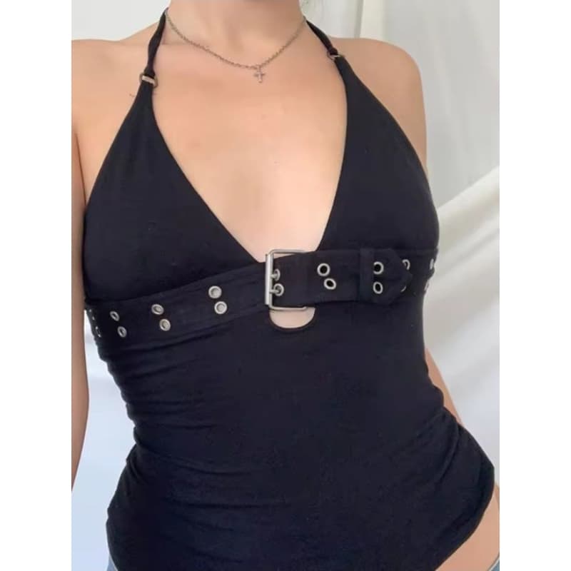 blusinha Y2k goth bandagem topo preto sem costas rendas até bonito festa verão feminino retro básico mini colete punk(P)