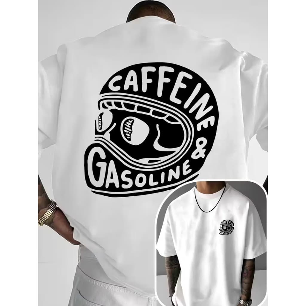 Camiseta Algodão Adulto Infantil Plus Size Capacete Cafeine e Gasoline Moto Streetwear Moda Premium