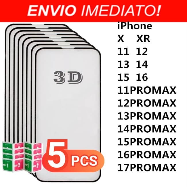 Kit 5 Película 3D Vidro Temperado Para Todos iPhone X XR 11 12 13 14 15 16 17PROMAX