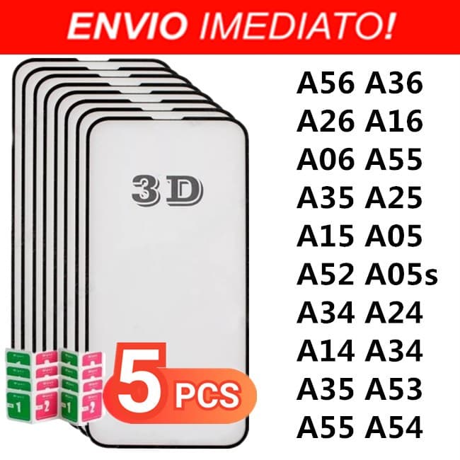 Kit 5 Película 3D Vidro Temperado Para Todos Samsung Galaxy A56 A36 A26 A16 A06 A55 A35 A25 A15 A05 A05s A54 A34 A24 A14