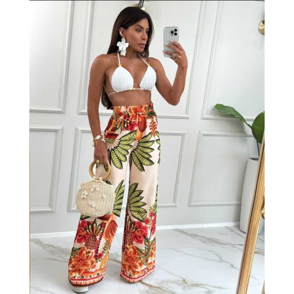 Calça pantalona, feminina, cintura alta, moda verão, confortável, elegante,saida praia, secagem rápida