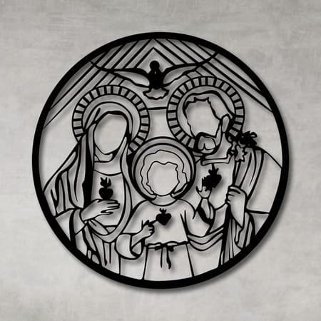 Kit mdf Decorativo Vazado Vitral Religioso Sagrada Familia Escultura de Parede MDF Preto