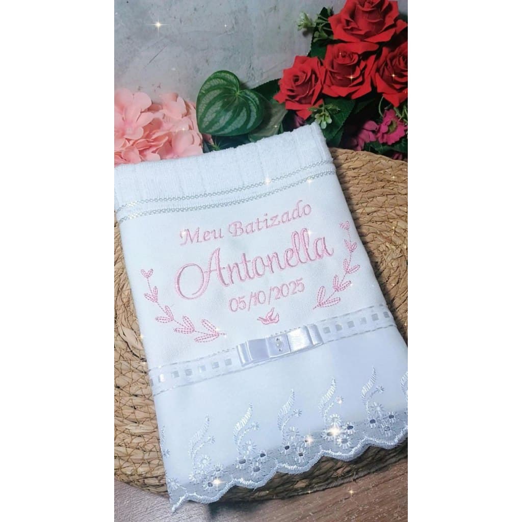 Toalha para Batismo Batizado Religioso Bordada – Lavabo Personalizada com Barrado De Renda ou Gripir