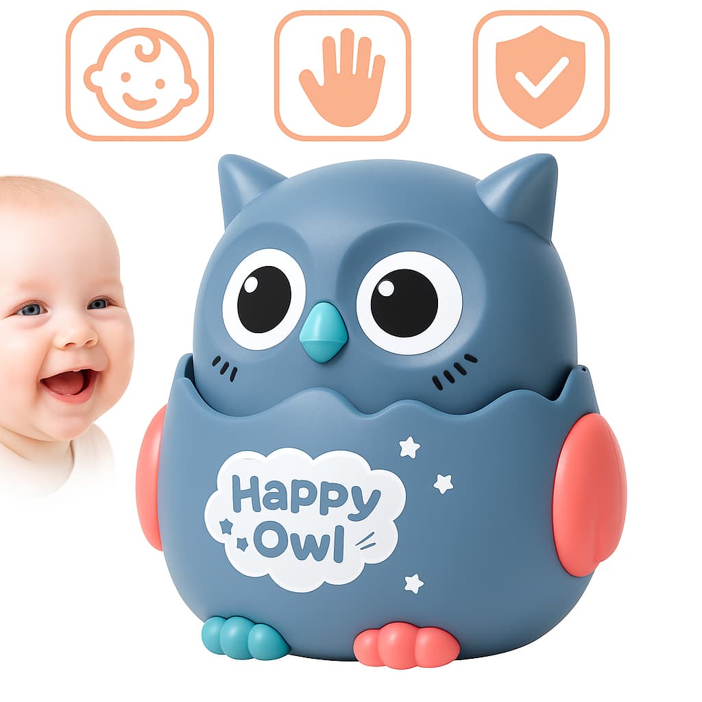 Brinquedo Coruja Aperta e Anda Happy Owl Cinza Interativo Educativo Seguro Para Bebês